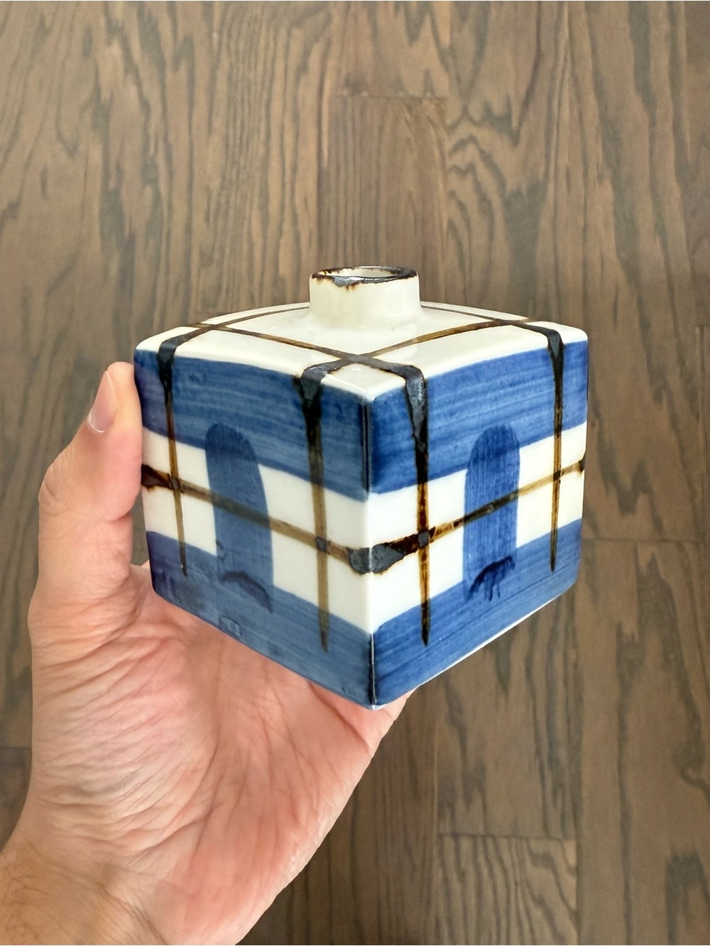 World Market Blue and White Ceramic Cube Vase - Hand-Painted Home Art